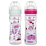 Neobaby Biberon in Polipropilene Collo Largo con Tettarella in Silicone 250 ml, Rosa, Flusso Regolabile, 2 Mesi +, 1 Pezzo