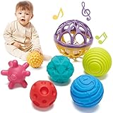 hahaland Palline Sensoriali e Sonaglio per Bambini - Giochi Neonato 3 6 9 Mesi Sensoriali Testurizzate Palle Morbide con Diverse Forme e Colori (7 Pezzi)